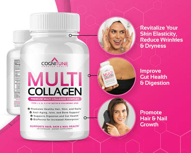 Cognitune Multi Collagen Pills with Hyaluronic Acid and Vitamin C Biotin - Type I II III V X Hydrolyzed Collagen Protein; Healthy Hair Skin Nails Joints -120- Collagen Peptides Capsules for Women & Men