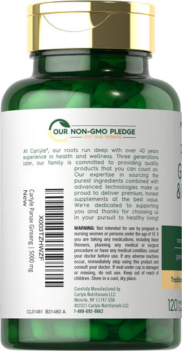 Carlyle Panax Ginseng + Ginkgo Biloba | 120 Vegetarian Capsules | 5,000Mg | Vegetarian, Non-Gmo, And Gluten Free Supplement