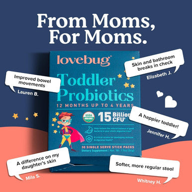 Lovebug Award Winning Probiotics Constipation and Stomach Discomfort Softer Bowel Movements Easy-to-Take Powder Ages 12 Months to 4 Years 60 Packets