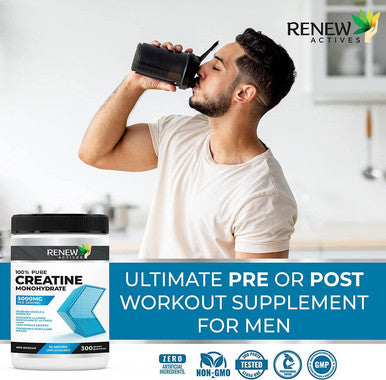 Renew Actives Creatine Monohydrate Powder, Ultimate Post Or Pre Workout Powder For Muscle Growth, Mass Gainer, And Increased Strength, 100% Pure Creatine Powder 5G Per Serving/ 60 Serving