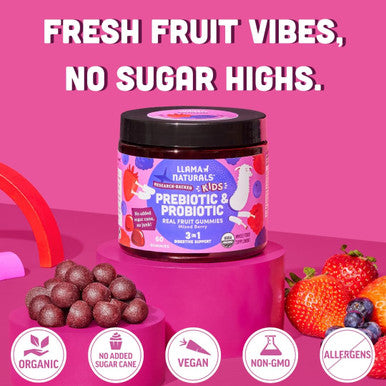 Llama Naturals Kids Probiotic with Prebiotic Fiber Vegan Organic Prebiotics and Probiotics Gummies for Gut Health Support Toddler Real Fruit Gummy Vitamins No Added Sugar Cane Mixed Berry 120 Ct