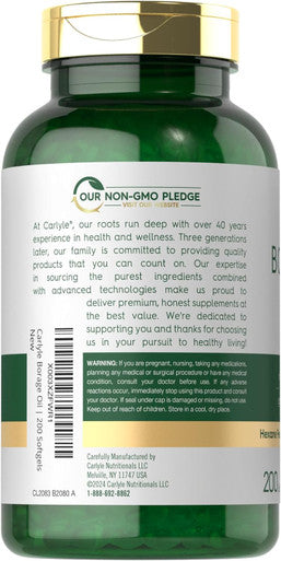 Carlyle Borage Oil Capsules | 2000mg | 200 Softgels | 320mg of GLA | Cold Pressed Seed Oil Supplement | Hexane | Non-GMO & Gluten