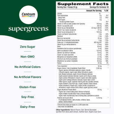 Centrum Supergreens - Superfood Powder & Multivitamin For Adults Greens Powder With Spirulina Mushroom Prebiotics & Enzyme Blend 30-Day Supply