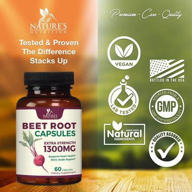 Nature's Nutrition Beet Root Capsules 1300mg Per Serving Natural Beetroot Powder Extract USA Bottled Vegan Herbal Nitrate Supplement Nitric Oxide Supports Natural Endurance and Energy NonGMO 60 Capsules