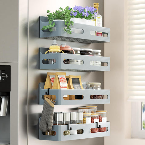 4-Pack Magnetic Spice Rack for Refrigerator with Hooks, Pink | Strong multipurpose magnetic shelf for kitchen & bathroom organization. Includes 4 removable hooks for hanging items.
