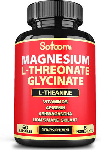 Satoomi 8In1 Magnesium L-Threonate And Glycinate - Plus Ashwagandha L-Theanine Lions Mane Vitamin D3 And More - Supports Brain Health & Memory - 60 Count