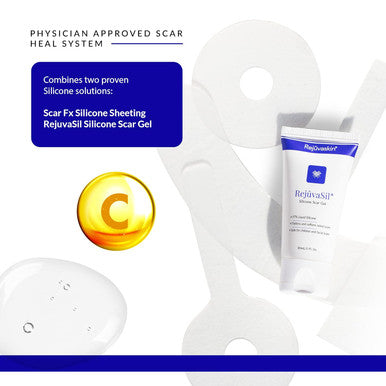Rejuvaskin Scar Heal Kit With Breast Circle, Soften, Flatten, Reduce And Recover Post Surgical And Scarred Skin, 2X Silicone Sheets, Rejuvasil Gel & Medical Tape