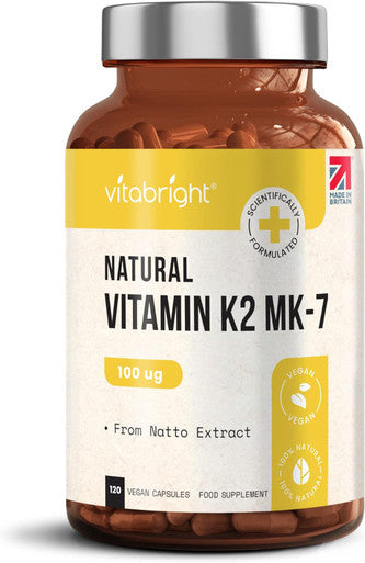 Vitabright Vitamin K2 MK7 100mcg 120 Vegan (from Natto) Vitamin K2 High Strength Capsules - VIT K MK7 for Bones Vitamin K for Heart VIT K2 MK7 for Brain - VitaBright K2 Vitamin Supplements