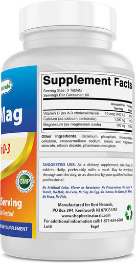 Best Naturals Calcium Magnesium with Vitamin D3 1500mg Serving 180 Tablets (180 Count (Pack of 2))