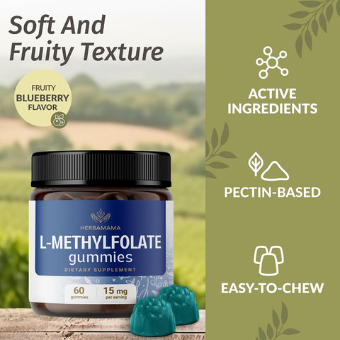 Herbamama L-Methylfolate Gummies - 15Mg 5-Mthf Calming Supplement For Adults - Vegan Non-Gmo Methylated Folate (Vitamin B9) For Brain Support - 60 Pectin-Based Blueberry-Flavored Chews