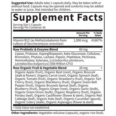 Garden of Life B12 Vitamin Code Raw 30 Capsules 1 000Mcg Whole Food Methylcobalamin For Energy Vegan B12 Vitamin Plus Probiotics and Enzymes Gluten Free Supplements