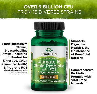 Swanson Dr. Stephen Langer's Formula - Natural Probiotic w/Prebiotic FOS - 16-Strain Supplement Promoting Digestive Support w/ 3.2 Billion CFU per Capsule - (60 Veggie Capsules) 2 Pack