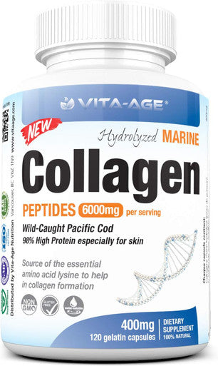 Vita-Age Premium Marine Wild Fish Collagen 4800mg 90% High Protein Content 120 Count, 100% Pure Hydrolyzed Collagen