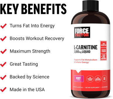Force Factor L Carnitine Supplement Liquid L-Carnitine 3000 mg to Help Turn Fat Into Energy Support Muscle Recovery and Boost Cellular Energy Maximum Strength Non-GMO Berry Flavor 16 Oz.