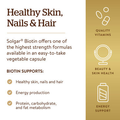 Solgar Biotin 10 000 Mcg 120 Vegetable Capsules - Energy Metabolism Promotes Healthy Skin Nails & Hair - Super High Potency - Non-Gmo Vegan Gluten Dairy Free Kosher - 120 Servings