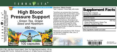 Terravita High Blood Pressure Support - Green Tea, Grape Seed And Hawthorn - 450 Mg (100 Capsules, Zin: 517080) - 3 Pack