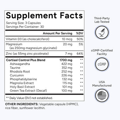 Cortisol Supplement - Cortisol Control Plus Supports Stress Relief, Mood, Calm & Restful Sleep - Cortisol Manager Supplement For Women And Men - Powerful Adaptogen & Vitamin Blend - 90 Capsules
