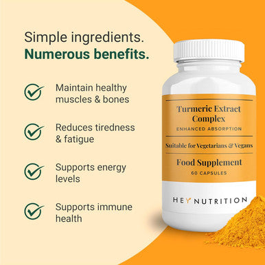 Hey Nutrition Turmeric Extract Complex - Vitamin D3 & C Black Pepper Extract - Support Muscle & Joint Relief - Maximum Potency & Enhanced Absorption - UK Manufactured - 60 Vegan Capsules