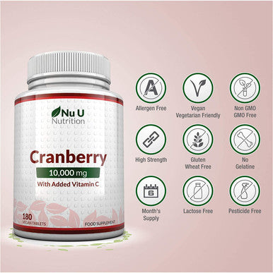 Cranberry Tablets 10,000mg - 180 Vegan Tablets with Vitamin C - High Strength Cranberry Extract