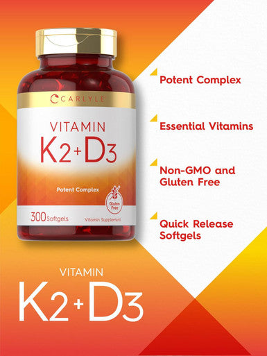 Carlyle Vitamin K2 And D3 Supplement 300 Softgels 200Mcg K2 Mk7 & 10,000 Iu D3 Non-Gmo, Gluten Free