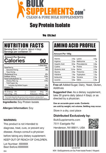 Bulksupplements Soy Protein Isolate Powder Unflavored 1 Kilogram