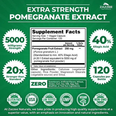 Zazzee Extra Strength Pomegranate 20:1 Extract, 5000 Mg Strength, 40% Ellagic Acid, 120 Vegan Capsules, 4 Month Supply, Standardi