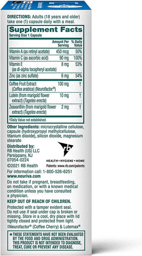 Neuriva Brain Eye Support Capsules 30 Count in a Box with Vitamins A C E Zinc Zeaxanthin Antioxidants Filters Blue Light Decaffeinated Vegetarian Gluten GMO Pack of 2