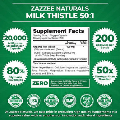 Zazzee Organic Milk Thistle 50:1 Extract, 20,000 Mg Strength, 200 Vegan Capsules, 80% Silymarin Flavonoids, Over 6 Month Supply
