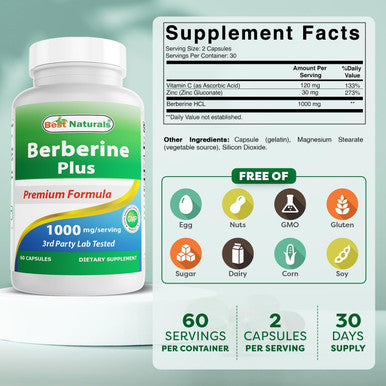 Best Naturals Berberine Plus 1000mg per Serving (Non-GMO) 60 Capsules - Contains Berberine HCL 1000mg Vitamin C 120mg & Zinc Gluconate 30 mg