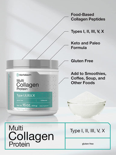 Multi Collagen Protein Powder 16 oz | Type I, II, III, V, X | Hydrolyzed Collagen Peptide Powder | Keto & Paleo Friendly | Unflavored & Gluten Free | by Horbaach
