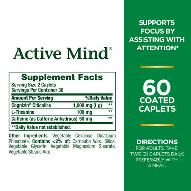Nature's Bounty Active Mind Supports Focus By Assisting With Attention Cognizin 1000Mg 60 Coated Caplets