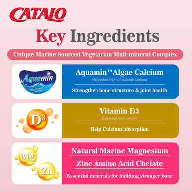 CATALO Womens Calcium Support Strong Bone and Delay Bone Loss Promote Joint Mobility 600mg Plant Based clinically Proven Algae Calcium per Serving with Vitamin D3 60 Tablets