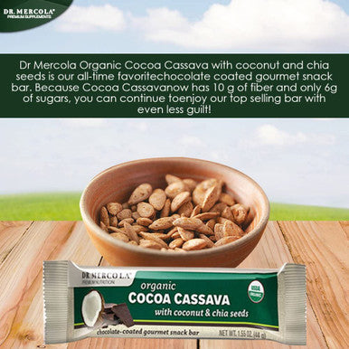 Dr. Mercola, Organic Cocoa Cassava with Coconut and Chia Seeds, 1 Box (12 Bars), Chocolate-Coated Gourmet Snack Bar, Non GMO, Soy , Gluten , USDA Organic