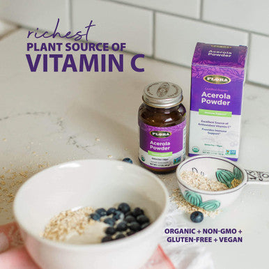 Flora Acerola Powder Daily Immune Booster with Vitamin C Gluten Free Vegan Vitamin C Antioxidant Powder 1.7oz. Glass Bottle