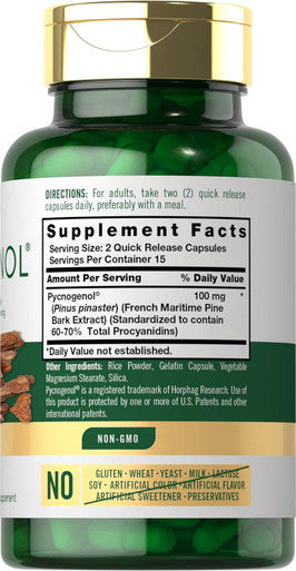 Carlyle Pycnogenol 100 mg | 30 Capsules | Non-GMO and Gluten Formula | French Maritime Pine Bark Extract Supplement