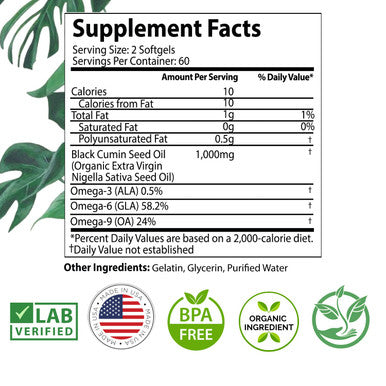 Mother Nature Organics Superfoods for Organic Living Black Seed Oil Capsules - 120 Count (Organic, Non-Gmo Liquid) Premium Cold Pressed Black Cumin Seed Oil - 500Mg Each, 1000Mg Per Serving W/Omega 3,6, 9