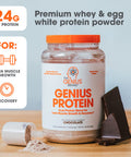 Genius Protein Powder, Chocolate - Dual Protein Blend with Improved Whey Isolate & Egg White for Lean Muscle Building for Men & Women - Grass-Fed Pre & Post Workout Meal Replacement Shake