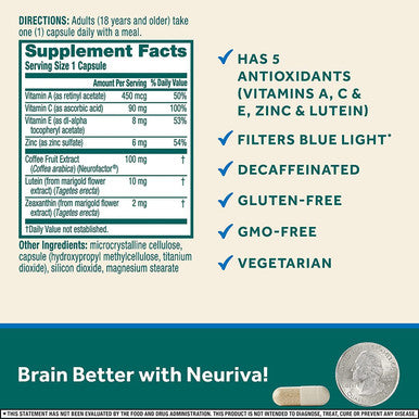 Neuriva Brain Eye Support Capsules 30 Count in a Box with Vitamins A C E Zinc Zeaxanthin Antioxidants Filters Blue Light Decaffeinated Vegetarian Gluten GMO Pack of 2
