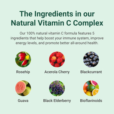 Hey Nutrition Natural Vitamin C 250mg Complex from Rosehip Acerola Blackcurrant Guava and Elderberry - Immune Function Stress Metabolic Health & Fatigue - Non-GMO 60 Vegan Capsules