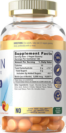 Carlyle Biotin Gummies | 5000mcg | 120 Count | Peach Flavor Supplement | Vegan, Non-GMO, Gluten Free
