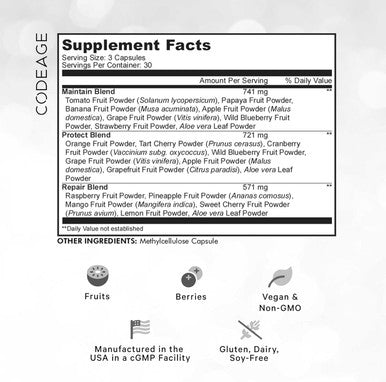 Codeage Instantfood Fast Fruits Over 15 Fruits Powders Equivalent All-in-One Vegan Daily Whole Food Vitamins - Berries Antioxidant Polyphenols & Bioflavonoid Multivitamin Non-GMO 90 Capsules