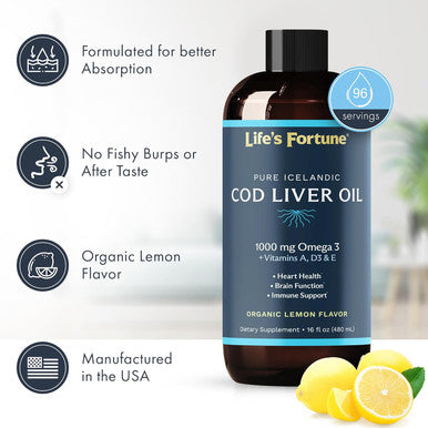 Life's Fortune Organic Cod Liver Oil Liquid Lemon Flavor Supplement - High Potency Fish Oil Omega 3 DHA & EPA, Vitamin A E & D3 - Immune Health Joints GMO Free 1000 mg (16 Oz)