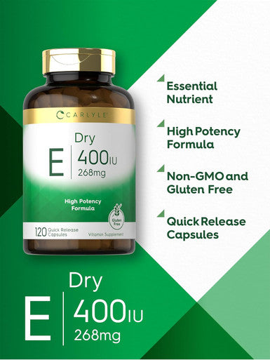 Carlyle Dry Vitamin E | 400 IU (268mg) | 120 Capsules | High Potency Formula | Non-GMO and Gluten