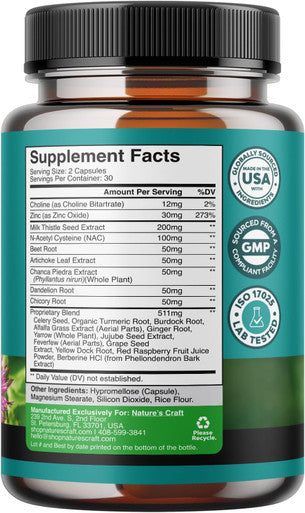 Natures Craft Liver Support Supplement with NAC - Herbal Liver Supplement with N Acetyl Cysteine Silymarin Milk Thistle Extract Dandelion Root Artichoke Extract Choline Bitartrate and Berberine for Liver Cleanse