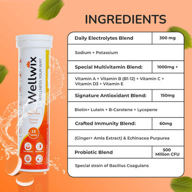 4-In-1 Daily Vitals For Wellness - Electrolytes, Immunity, Antioxidants And Probiotics. Vitamin C 1000 Mg, Sodium 200 Mg, Potassium 100 Mg, Vitamin D3, B12 And More. Effervescent Tablets