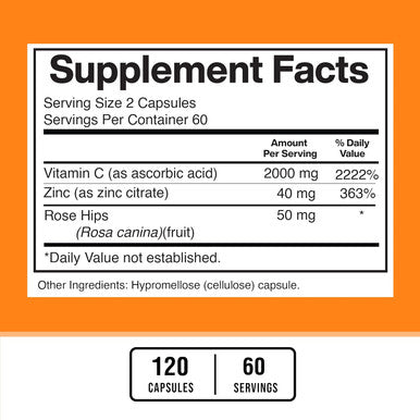 American Standard Supplements Vitamin C 2000Mg, Zinc 40Mg, And Rose Hips 50Mg Per Serving ÃƒÂ¢Ã¢â€šÂ¬Ã¢â‚¬Å“ Vegan, Gluten Free, Non-Gmo, 120 Capsules, 60 Servings