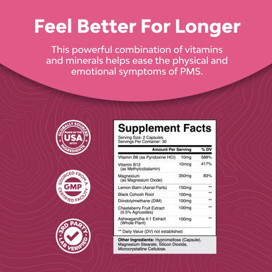 Herbal PMS Support Supplement for Women - Feminine Balance Complex with PMS Vitamins for Women for Fatigue Water Retention Hot Flashes Mood Support Period Cramps and Bloating Relief for Womens Health