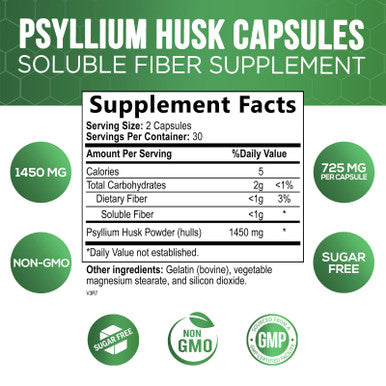 Nature's Nutrition High Absorption Psyllium Husk Capsules 1450mg, Natural Soluble Fiber Supplement 60 Capsules