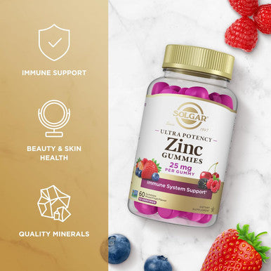 Solgar Zinc Gummies Adult Vitamin With 25Mg Ultra Potency Zinc Citrate For Immune Support - Mixed Fruit Flavor, Vegan, Kosher & Gluten Gummy Supplements For Women & Men, 2G Sugar, 60 Servings
