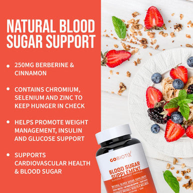 Blood Sugar Supplement Capsules by GoBiotix Vitamins Minerals Herbs with Berberine Cinnamon Chromium Support Metabolism Weight Management and Immune Function Vegan Dietary Blend 60 Pills